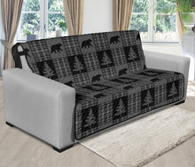 Load image into Gallery viewer, Gray and Black Plaid With Bears and Pine Trees Rustic Patchwork Pattern on Futon Sofa Slip Cover Protector

