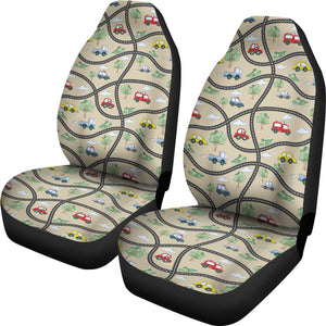 Tan With Cars, Roads and Trucks Playmat Style Design Car Seat Covers Set