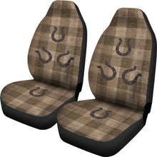 Load image into Gallery viewer, Dark Burlap Style Buffalo Plaid Car Seat Covers With Rustic Horseshoes Western Cowboy Farmhouse
