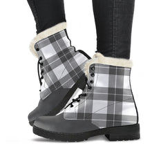 Load image into Gallery viewer, Gray and White Plaid Faux Fur Lined Vegan Leather Boots With Gray Toe
