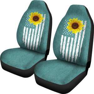 Distressed American Flag With Rustic Sunflower on Turquoise Faux Denim Style Car Seat Covers