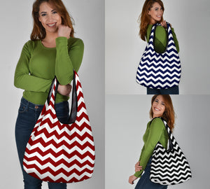 Chevron Pattern Reusable Grocery Shopping Bags In Navy, Red, Black and White