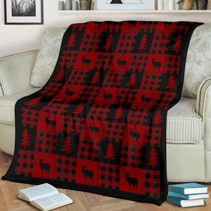 Red and Black Buffalo Plaid Deer Buck Pine Tree Patchwork Pattern Fleece Throw Blanket