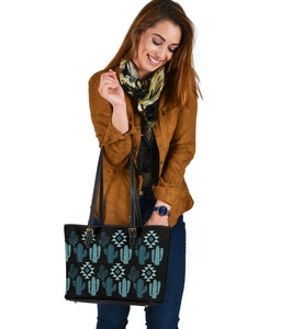 Teal Boho Cactus Pattern Faux Leather Tote Bag