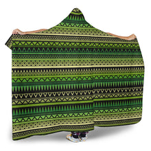 Load image into Gallery viewer, Green With Black Ethnic Tribal Pattern Hooded Blanket With Tan Sherpa Lining
