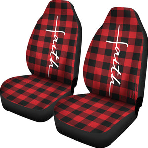 Faith Word Cross In White On Red Buffalo Plaid Car Seat Covers Religious Christian Themed