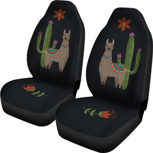 Brown Llama Car Seat Covers Chalky Style Cactus and Flower Design Printed on Black Fabric