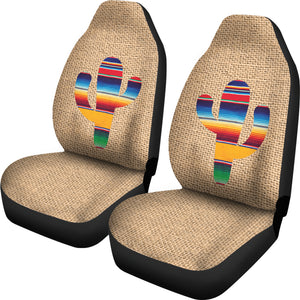 Faux Burlap Car Seat Covers Set With Colorful Serape Cactus Design