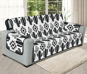 Black and White Boho Cactus Ethnic Pattern Sofa Slipcover on 78" Seat Width Oversized Couches