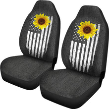 Load image into Gallery viewer, Distressed American Flag With Rustic Sunflower on Dark Gray Faux Denim Style Car Seat Covers
