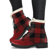 Load image into Gallery viewer, Red and Black Buffalo Plaid Color Block Fur Lined Vegan Leather Boots With Red Toe
