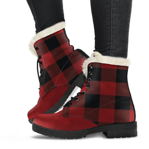 Red and Black Buffalo Plaid Color Block Fur Lined Vegan Leather Boots With Red Toe