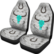 Load image into Gallery viewer, Turquoise Boho Cow Skull on Gray Chevron Car Seat Covers Set
