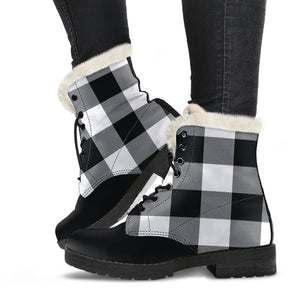 Black and White Buffalo Check Vegan Leather Faux Fur Lined Winter Boots Color Block With White Black Toe