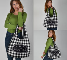 Load image into Gallery viewer, Black and White Buffalo Plaid Farm Fresh Grocery Bags Set of 3
