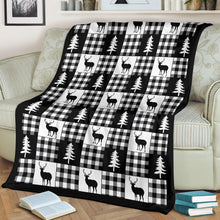 Load image into Gallery viewer, Black and White Buffalo Plaid With Deer and Pine Trees Pattern Fleece Throw Blanket
