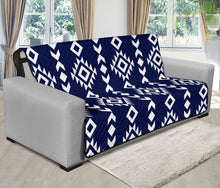 Load image into Gallery viewer, Navy Blue and White Ethnic Tribal Pattern on 70&quot; Futon Sleeper Protector Furniture Slipcover
