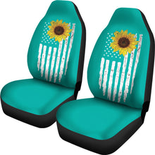 Load image into Gallery viewer, Teal With Distressed American Flag and Sunflower Car Seat Covers Set
