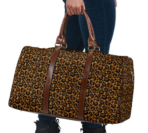 Leopard Print Travel Bag Duffel With Faux Leather Brown Handles