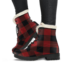 Load image into Gallery viewer, Red and Black Buffalo Plaid Faux Fur Lined Leather Boots
