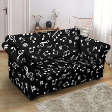 Load image into Gallery viewer, Music Notes Pattern in Black and White on Stretch Loveseat Slipcover Protector

