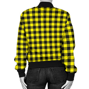 Yellow and Black Buffalo Plaid Women's Bomber Jacket