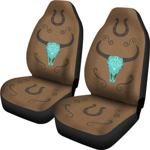 Turquoise Boho Cow Skull on Faux Brown Suede Car Seat Covers