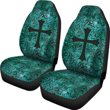 Load image into Gallery viewer, Turquoise Tooled Leather Style Pattern Car Seat Covers With Christian Cross

