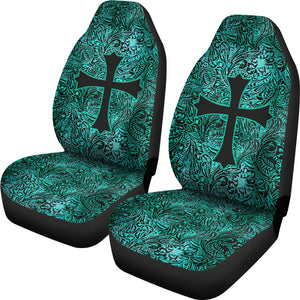 Turquoise Tooled Leather Style Pattern Car Seat Covers With Christian Cross