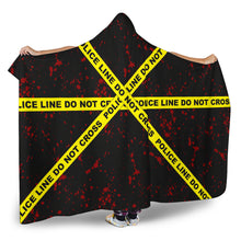 Load image into Gallery viewer, Crime Scene Police Caution Tape Hooded Blanket Black With Red Blood Spatter and Sherpa Lining
