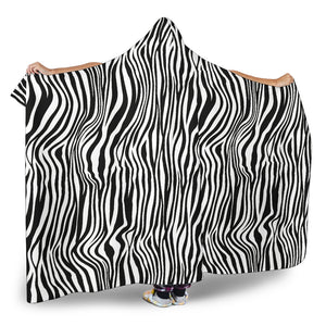 Zebra Print Hooded Blanket With Sherpa Lining Black and White