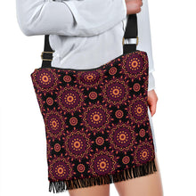 Load image into Gallery viewer, Black Magenta Mandala Pattern Boho Bag With Fringe and Shoulder Straps Crossbody Purse
