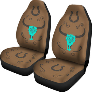 Turquoise Cow Skull on Brown Faux Suede Car Seat Covers