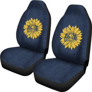 Faith Sunflower on Rustic Faux Dark Blue Denim Style Background Car Seat Covers