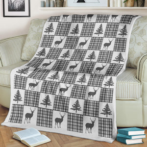 Winter Plaid Patchwork Pattern Fleece Blanket With Deer and Pine Trees