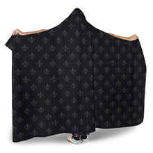 Load image into Gallery viewer, Black With Gray Fleur De Lis Pattern Hooded Blanket With Sherpa Lining
