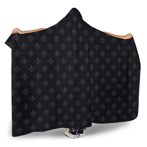 Black With Gray Fleur De Lis Pattern Hooded Blanket With Sherpa Lining