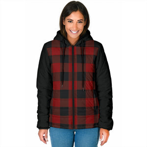 Dark Red and Black Buffalo Plaid Women's Puffer Jacket Quilted Hooded Coat