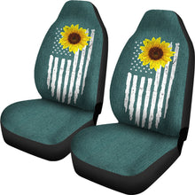 Load image into Gallery viewer, Distressed American Flag With Rustic Sunflower on Teal Faux Denim Style Car Seat Covers
