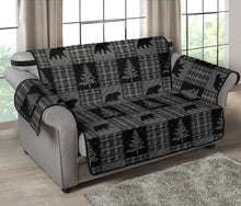 Load image into Gallery viewer, Gray and Black Plaid With Bears and Pine Trees Rustic Patchwork Pattern on Loveseat Sofa Slip Cover Protector
