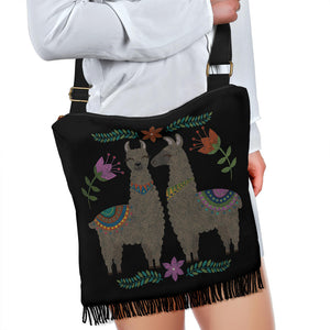 Chalky Llama Design Boho Bag With Fringe and Crossbody Shoulder Strap