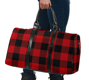 Red and Black Buffalo Plaid Travel Bag Duffel Bag With Vegan Leather Handles