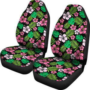 Hibiscus Flower Car Seat Covers Hawaiian Pattern In Pink, Green and Black Set of 2