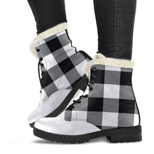 Load image into Gallery viewer, Black White Buffalo Plaid Color Block Vegan Leather Faux Fur Lined Winter Boots With White Toe
