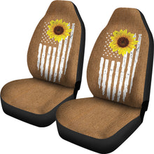 Load image into Gallery viewer, Distressed American Flag With Rustic Sunflower on Rust Colored Denim Style Car Seat Covers
