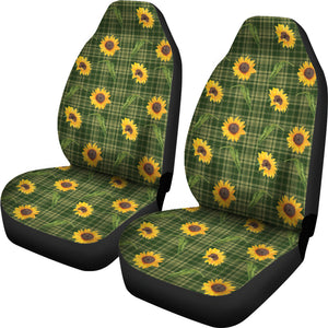 Green Plaid With Sunflowers Pattern Car Seat Covers Set