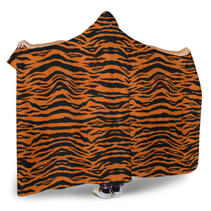 Tiger Print Orange Hooded Blanket With Sherpa Lining Animal Skin