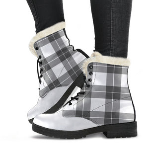 Gray and White Plaid Faux Fur Lined Vegan Leather Boots With White Toe