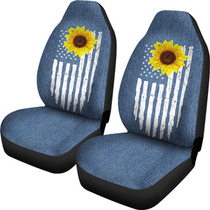 Distressed American Flag With Rustic Sunflower on Light Blue Denim Style Car Seat Covers