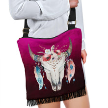 Load image into Gallery viewer, Magenta Ombre With Boho Skull Bag With Fringe and Crossbody Strap
